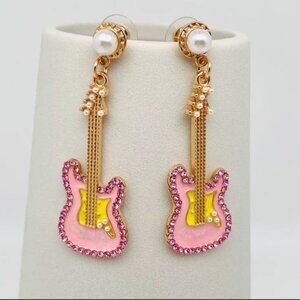 Karden Lane Pink Rhinestone & Enamel Guitar Pearl Gold Dangle Pierced Earrings